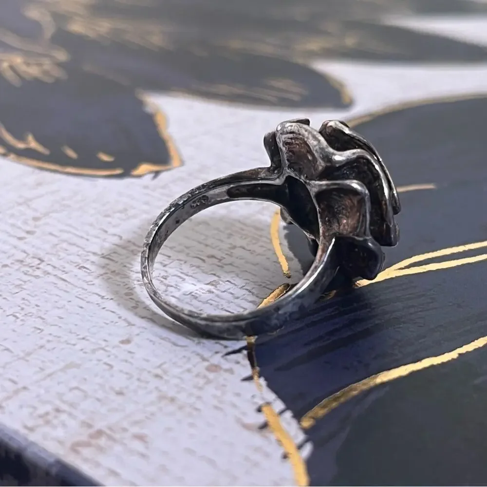 Vintage 925 Sterling Silver Abstract Rose Unique Floral Design Ring